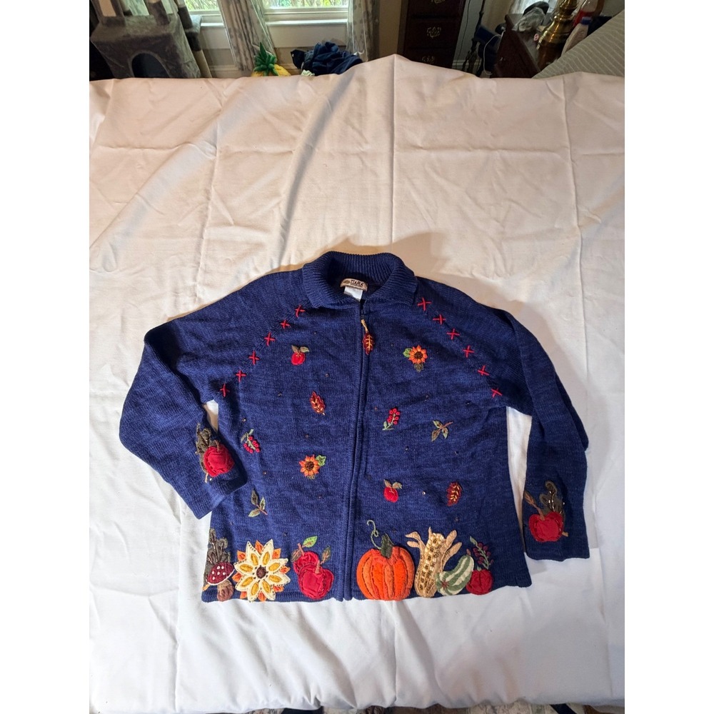 Tiara International Fall Harvest Zip Cardigan Blue Pumpkin Sunflower Small